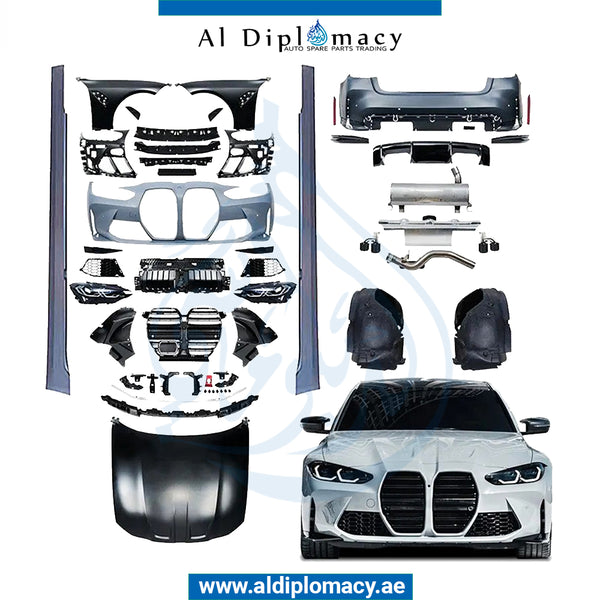 Front Rear G20 TO G80 M3 WIDE BODYKIT 2019-up SIDE EXHAUST LOOK Complete, Bumper, Bumper, Hood, Fender, Headlight, SIDE Skirt, AND EXHAUST for BMW 3 Series G20 (2018-2022) models, Part Number T-G20 TO G80 M3 WIDE BODYKIT-2019- UP-SIDE-CO